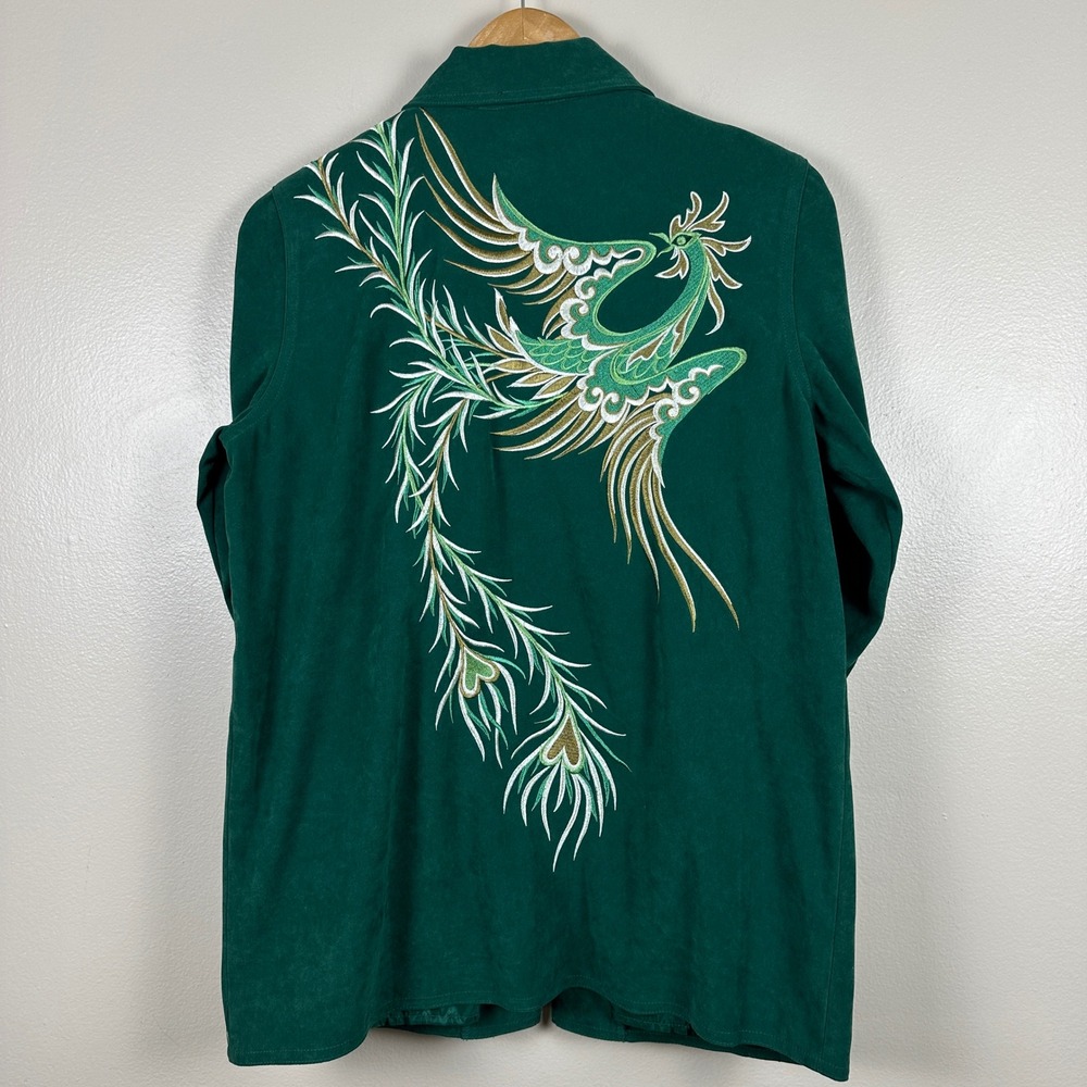 Bob Mackie Women's Small Pant Set Green Phoenix Embroidered Faux Suede Festival